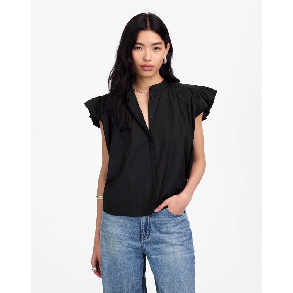 Madewell Poplin Shirred Button Up Shirt Womens XS Jet Black Blouse - Picture 1 of 16